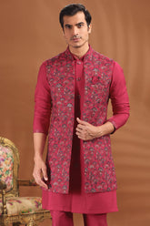 Rani Pink Silk Embroidered Jacket Kurta Set